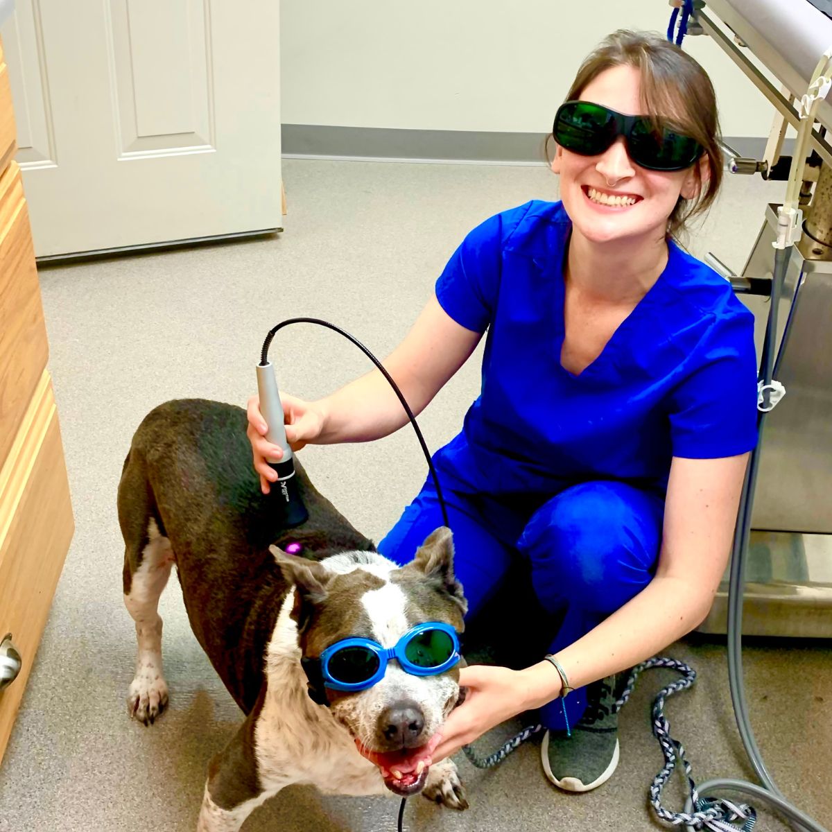 a vet wearing blue scrubs and goggles holding a dog