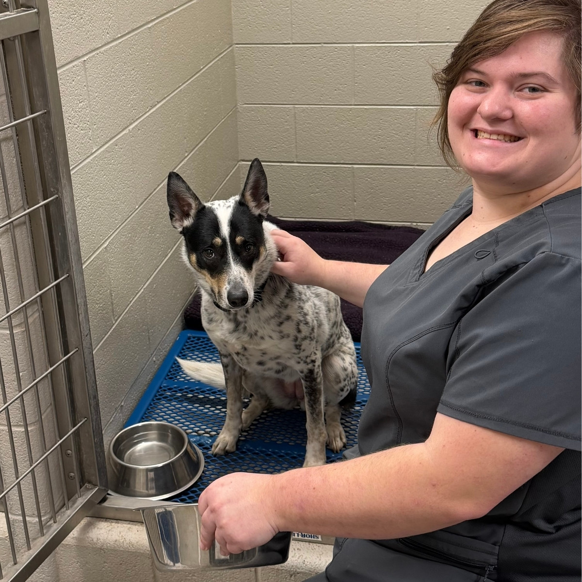 a man in scrubs holding a bowl of food and a dog